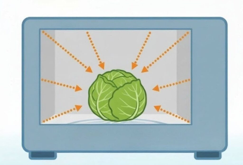 マイクロ波が食品内部の水分を振動させて温める仕組みのイラスト」