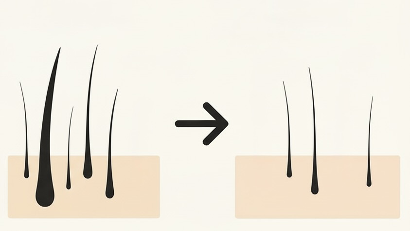 サロン脱毛4年うけた効果。太い毛がさらに減ってまばらになり、細い毛が少し残っている状態のイラスト。