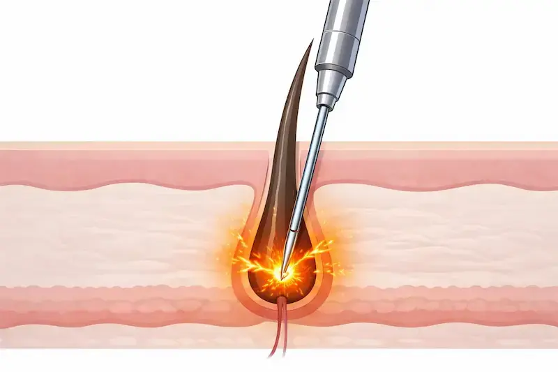 ニードル脱毛の仕組みを表した図解イラスト。電気針が毛穴を通って毛根まで到達している断面図