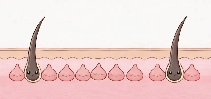 脱毛 毛周期 イラスト|見えている毛は全体の20%のみ。成長期の毛だけが表面にあり、80%は休止期で皮膚の中に隠れているため1回の脱毛で効果が出ないことを説明した図