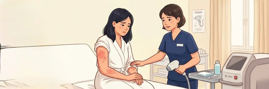 医療脱毛のカウンセリングルームで、看護師が患者の肌荒れを確認し、今日の施術ができないことを申し訳なさそうに伝えている様子。手前には赤く荒れた肌がクローズアップされており、奥には脱毛機が置かれている。