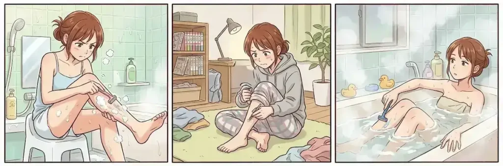 3枚のコマで描かれた、ムダ毛の自己処理に苦戦する女性のイラスト。左：浴室でカミソリ負けを気にしながら脚を剃る様子。中央：室内で毛抜きを使い、真剣な表情で一本ずつ抜く様子。右：湯船に浸かりながらカミソリで脚を撫でる様子。全体的に手間や苦労が伝わる描写。