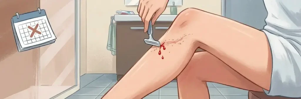 カミソリで脚の毛を剃っている際に、すねの部分を切ってしまい、鮮血が滴っているイラスト。肌はカミソリ負けで荒れており、背景の壁には特定の日付に×印がついたカレンダーが掛かっています。洗面所のような室内で、剃毛のリスクや失敗を表現しています。