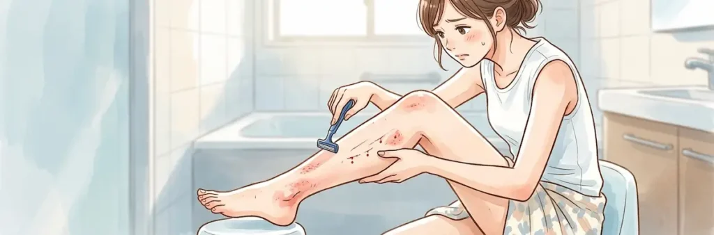 バスルームでカミソリを使って足を逆剃りし、肌が赤く荒れたり切り傷ができたりして困っている女性のイラスト。