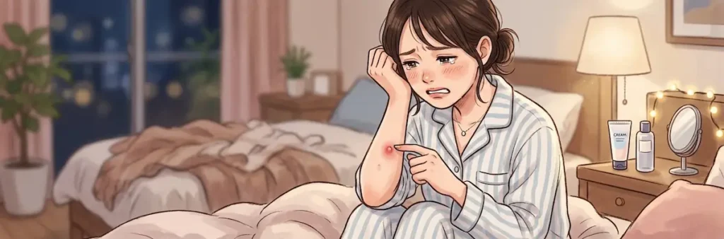 夜の寝室で、パジャマ姿の女性が困り顔で自分の右腕を見つめているイラスト。腕には赤く腫れた肌トラブル（埋没毛や吹き出物）があり、女性はそれを指差しながら涙を浮かべて悲しんでいます。サイドテーブルにはスキンケア用品や鏡が置かれ、背景にはベッドや観葉植物が描かれた落ち着いた雰囲気の室内です。