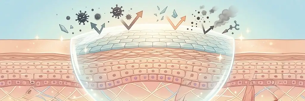 角質層のバリア機能の仕組みを示す図解。外部刺激や雑菌から肌を守るシールドのイメージイラスト。