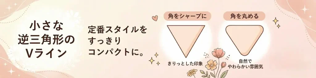 脱毛のVラインデザイン「小さめ逆三角形」の比較イラスト。左側には角が鋭い「SHARP(シャープ)」な逆三角形、右側には角が丸い「SOFT(ソフト)」な逆三角形が並び、背景には淡いピンクベージュと花、パール、Vの文字が上品にレイアウトされた1200×300ピクセルのバナー。