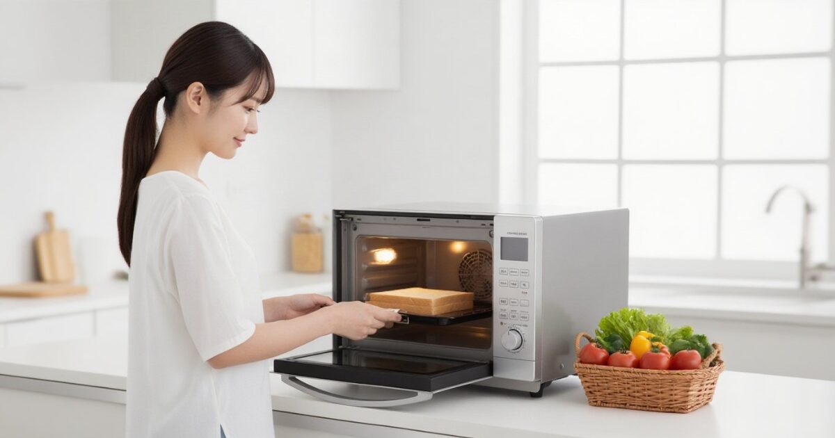 電子レンジに食パンを入れる女性。電子レンジの種類と違いを解説する記事のアイキャッチ画像