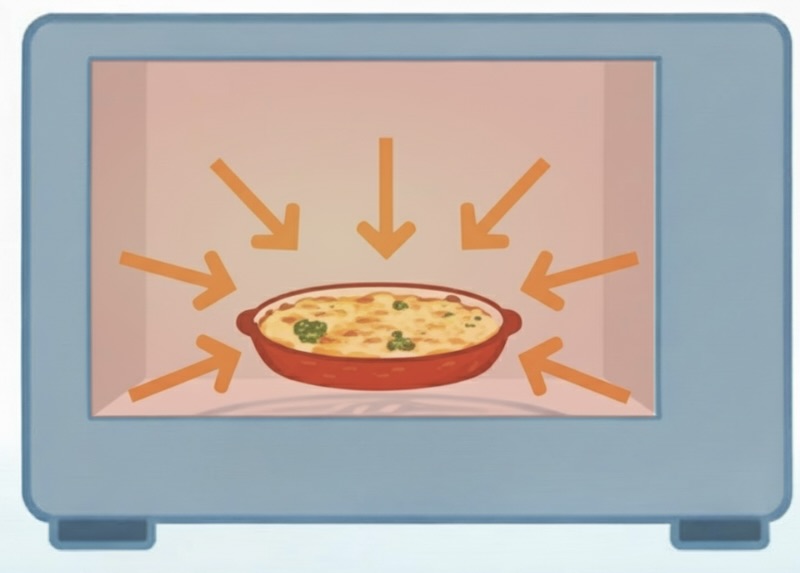 オーブンレンジの仕組みを示すイラスト。庫内全体を高温にし、食品を外側からじんわり加熱して中まで火を通す様子」