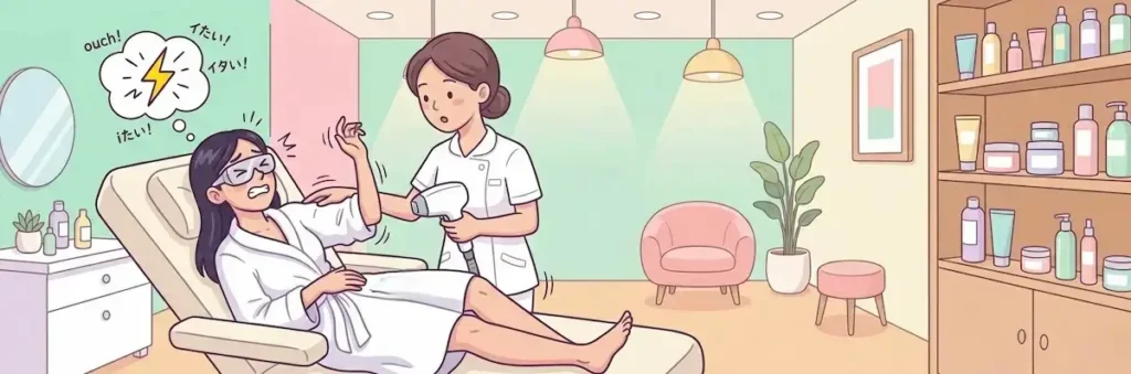 医療脱毛を受けている女性。痛くて体が動いてしまっているイラスト。