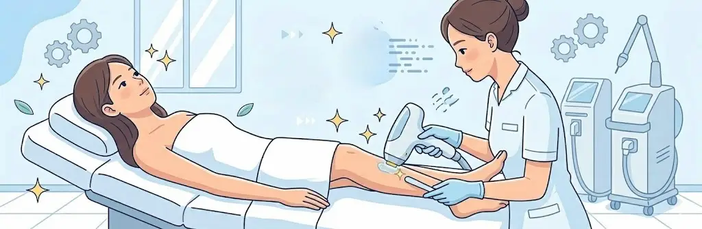 医療脱毛を受けている女性。ジェルを肌に塗って蓄熱式のレーザーを当てているイラスト。