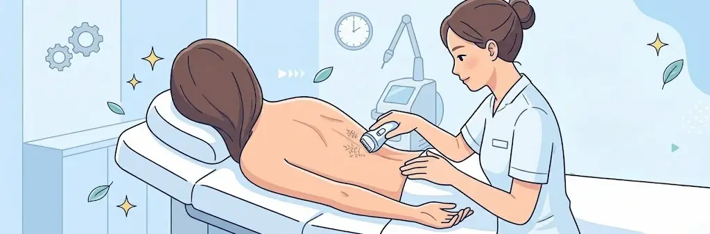 医療脱毛を受ける前に背中の剃り残しを剃ってもらっている女性。