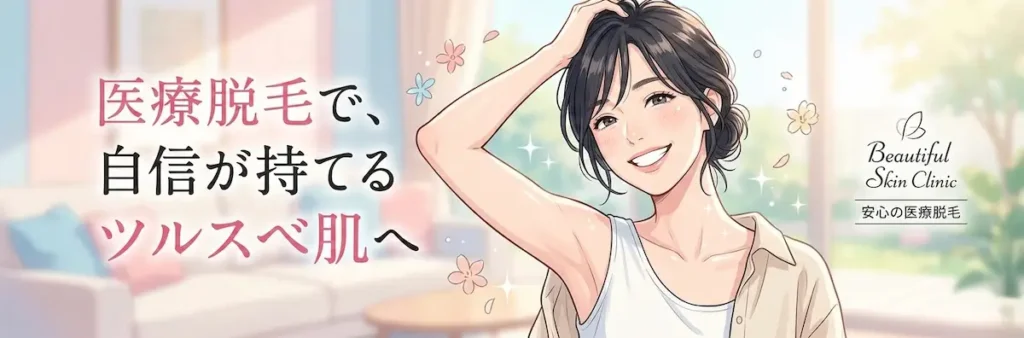 医療脱毛をしてつるずべ肌になった女性のイラスト。肌がきれいになって自信に溢れている表情の女性。