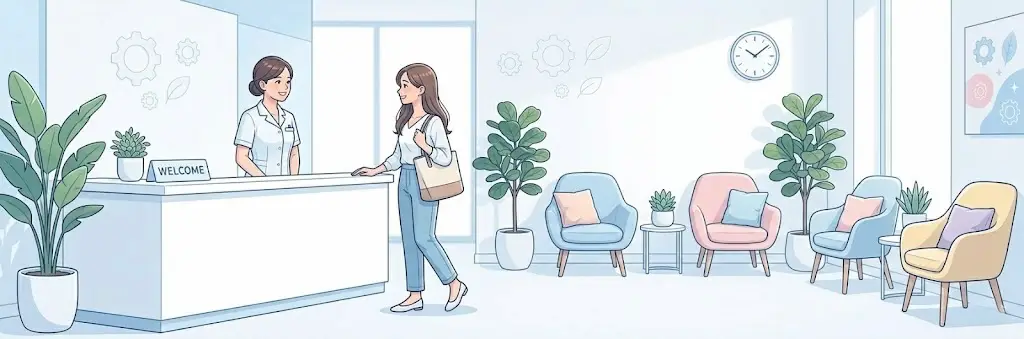 医療脱毛のクリニックで受付をしている女性のイラスト。