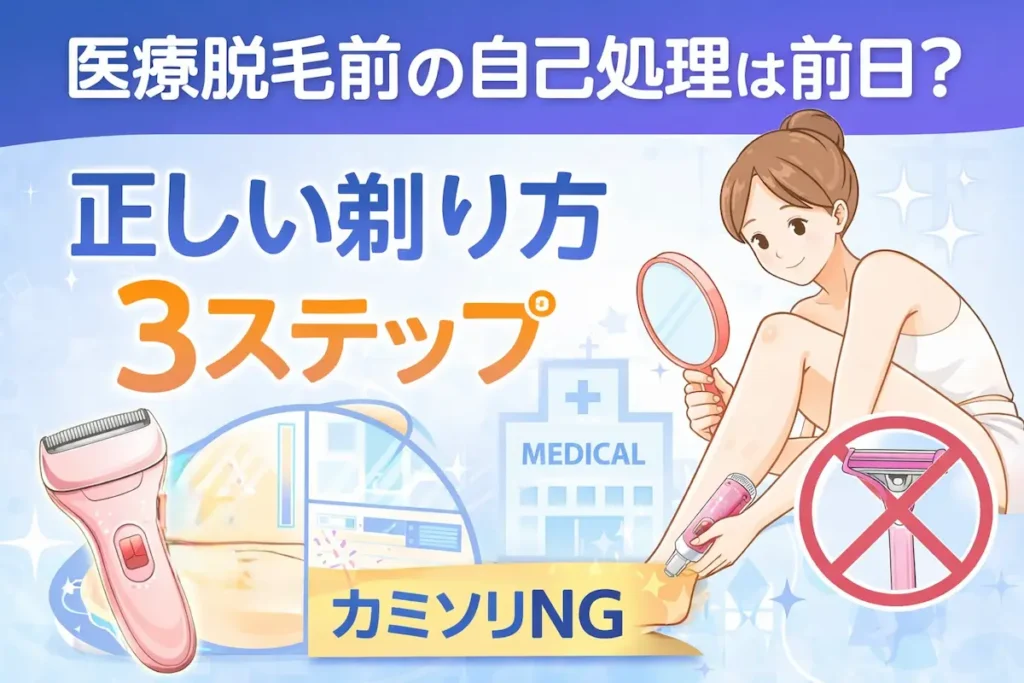 医療脱毛前の正しい自己処理方法を解説するイラスト｜電気シェーバーで脚を剃る女性